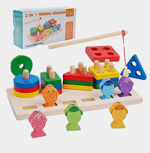 π£π 3D Wooden 4 Columns Fishing Toy | Color & Shape Matching Montessori Set ππ§