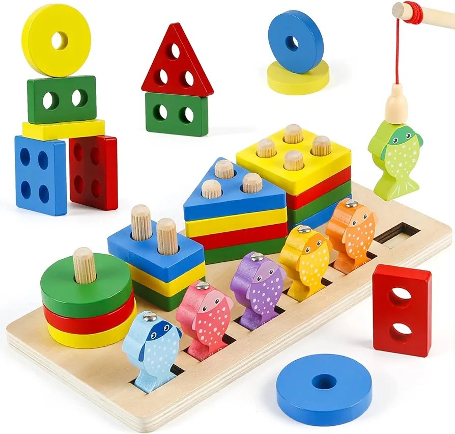 π£π 3D Wooden 4 Columns Fishing Toy | Color & Shape Matching Montessori Set ππ§