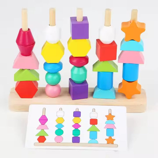 ๐จ Montessori Wooden Threading & Stacking Beads Toy Set โ Color & Shape Matching Fun for Toddlers ๐ง