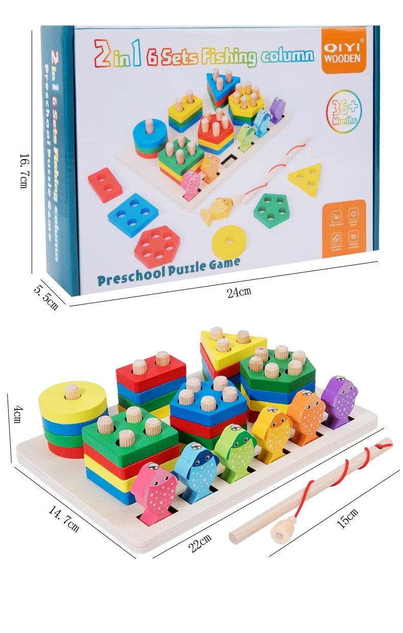 π£π 3D Wooden 6 Columns Fishing Toy | Color & Shape Matching Montessori Set ππ§
