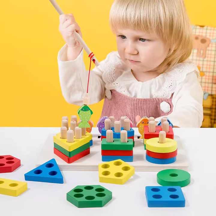 π£π 3D Wooden 6 Columns Fishing Toy | Color & Shape Matching Montessori Set ππ§