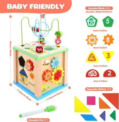 🧩🎛 Montessori Multifunctional Activity Box | 5-in-1 Wooden Busy Cube with Bead Maze | Early Learning Fun for Toddlers 🎠👶