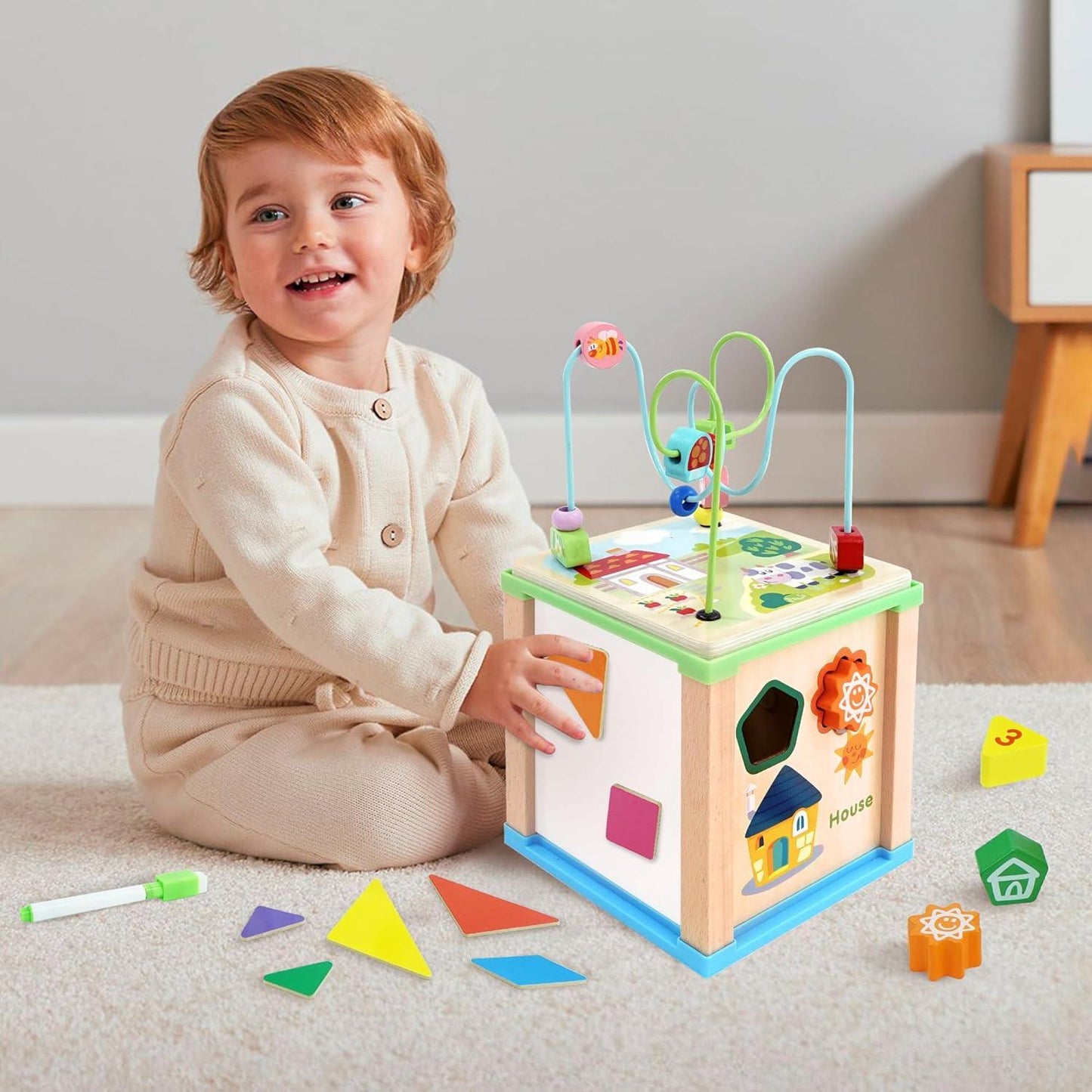 🧩🎛 Montessori Multifunctional Activity Box | 5-in-1 Wooden Busy Cube with Bead Maze | Early Learning Fun for Toddlers 🎠👶