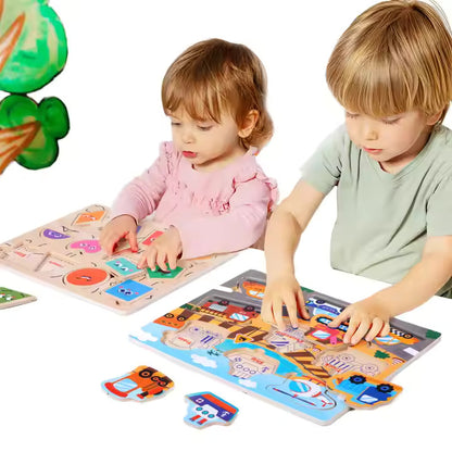🧠🍓 Montessori Cognitive Wooden Puzzle Board | Multi-Theme Early Education Toy for Kids Ages 3+ 🐶🚜