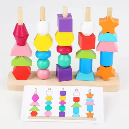🎨 Montessori Wooden Threading & Stacking Beads Toy Set – Color & Shape Matching Fun for Toddlers 🧠
