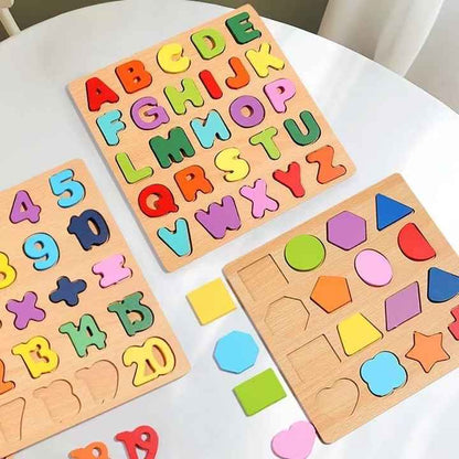 🌈🔢 Wooden Board Alphabet, Numbers & Shapes Kids Montessori 3D Puzzle 🌟🧠