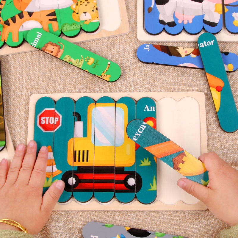 🧩🧠 Montessori Two-Sided Puzzle Strips | Wooden Learning Toy for Toddlers 🚜🐝