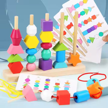 🎨 Montessori Wooden Threading & Stacking Beads Toy Set – Color & Shape Matching Fun for Toddlers 🧠