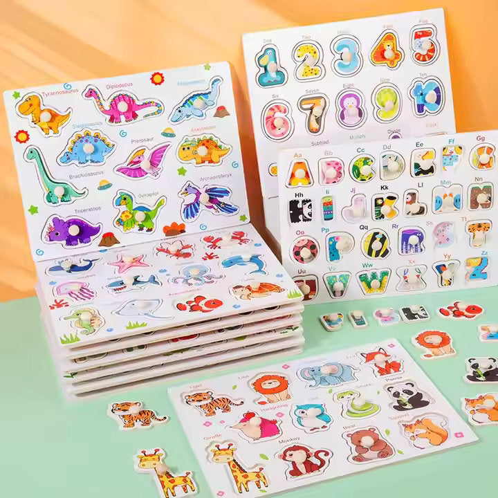 🧠 Montessori Wooden Knob Puzzle Board Set – Numbers, Letters, Animals & Vehicles 🐘🚗🅰️