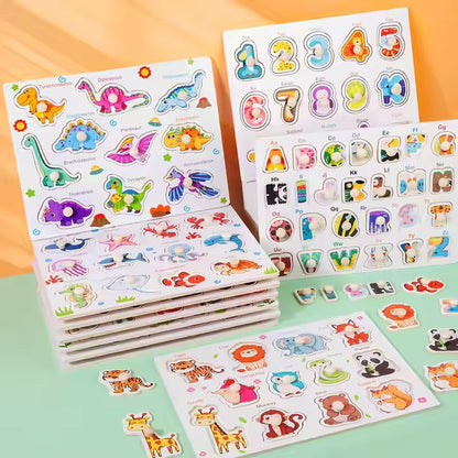 🧠 Montessori Wooden Knob Puzzle Board Set – Numbers, Letters, Animals & Vehicles 🐘🚗🅰️