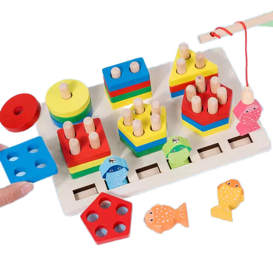 🎣🌈 3D Wooden 6 Columns Fishing Toy | Color & Shape Matching Montessori Set 🌟🧠