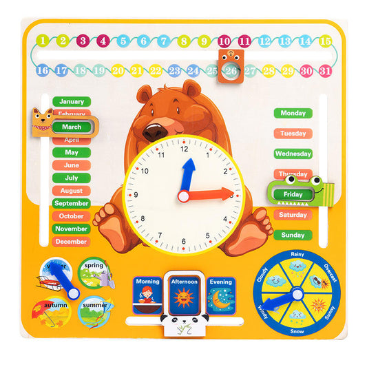🕒🐻 Montessori Multi-Function Wooden Clock Board | Bear & Frog Variants | Learn Time, Date, Weather & More! 🐸🌤