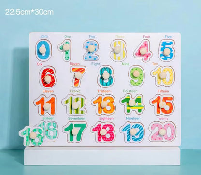 🧠 Montessori Wooden Knob Puzzle Board Set – Numbers, Letters, Animals & Vehicles 🐘🚗🅰️