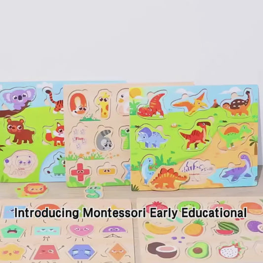 🧠🍓 Montessori Cognitive Wooden Puzzle Board | Multi-Theme Early Education Toy for Kids Ages 3+ 🐶🚜